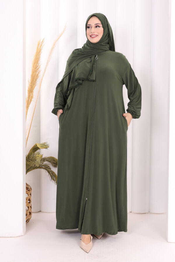 Dantel Detay Şallı Namaz Feracesi 6010 Haki - 1