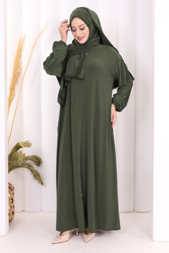 Dantel Detay Şallı Namaz Feracesi 6010 Haki - 2