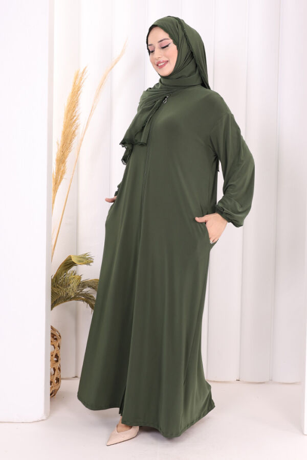 Dantel Detay Şallı Namaz Feracesi 6010 Haki - 3