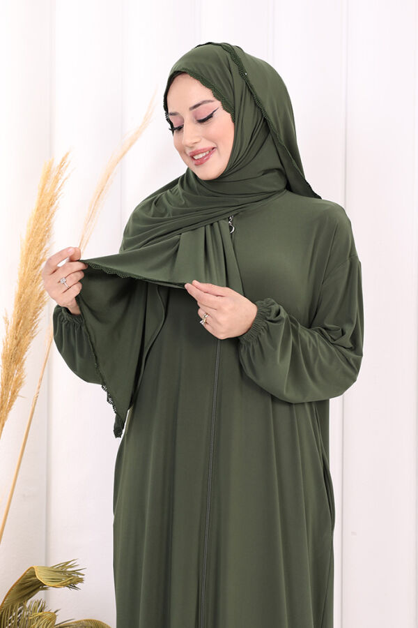 Dantel Detay Şallı Namaz Feracesi 6010 Haki - 5