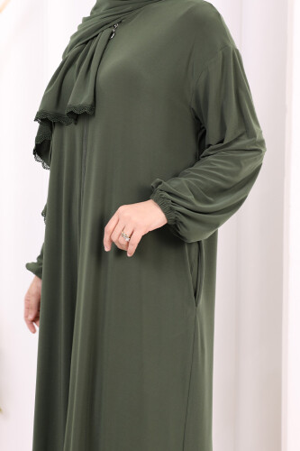 Dantel Detay Şallı Namaz Feracesi 6010 Haki - 6