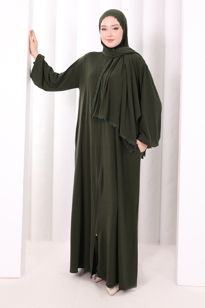 Dantel Detay Şallı Namaz Feracesi 6010 Haki - 1