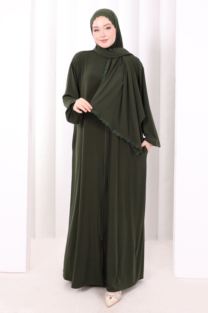 Dantel Detay Şallı Namaz Feracesi 6010 Haki - 2