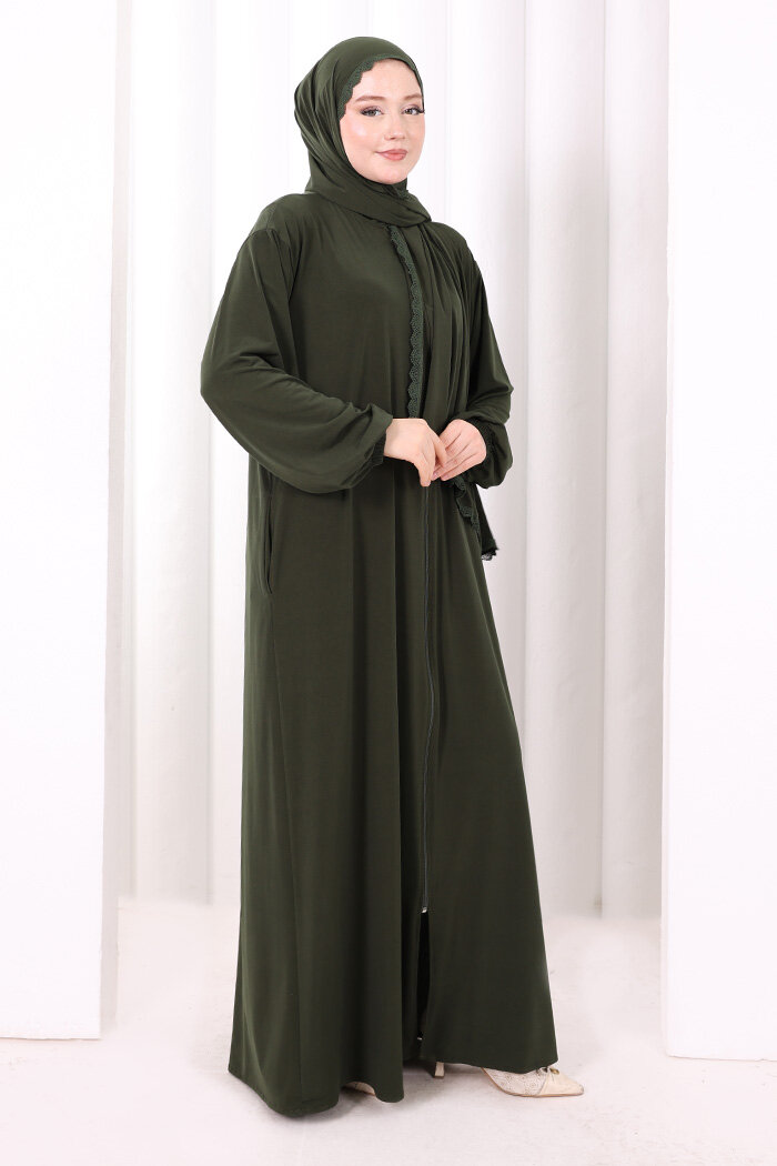 Dantel Detay Şallı Namaz Feracesi 6010 Haki - 3