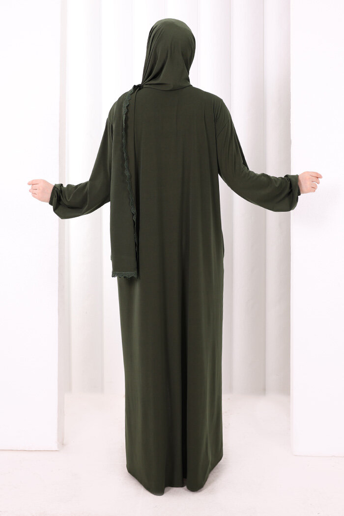 Dantel Detay Şallı Namaz Feracesi 6010 Haki - 4