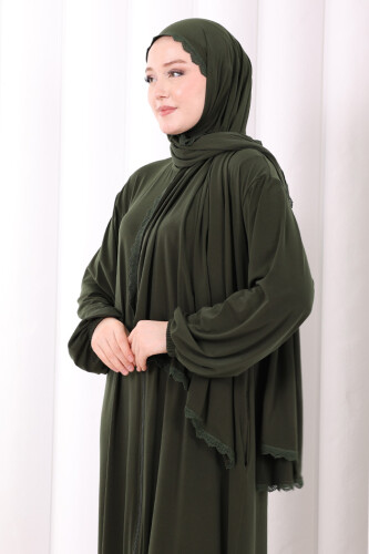 Dantel Detay Şallı Namaz Feracesi 6010 Haki - 5