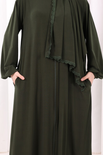 Dantel Detay Şallı Namaz Feracesi 6010 Haki - 6