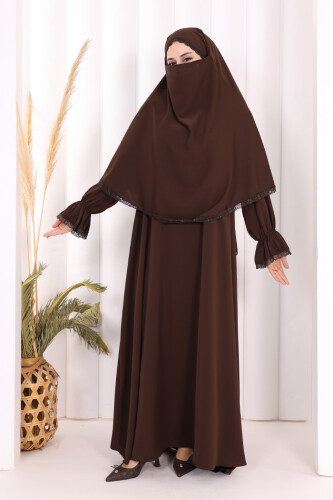 Dantel Detay Sufleli Elbise 6061 Kahverengi