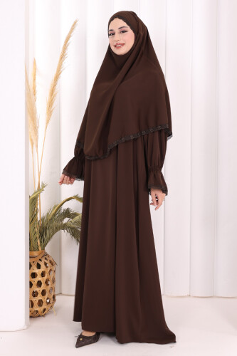 Dantel Detay Sufleli Elbise 6061 Kahverengi - 2