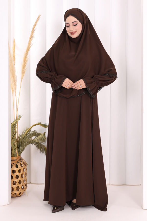 Dantel Detay Sufleli Elbise 6061 Kahverengi - 3