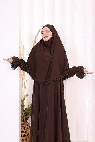 Dantel Detay Sufleli Elbise 6061 Kahverengi - 4