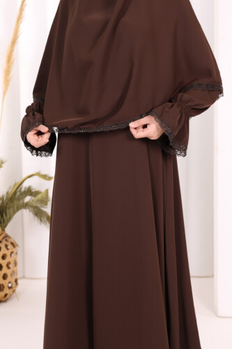 Dantel Detay Sufleli Elbise 6061 Kahverengi - 5