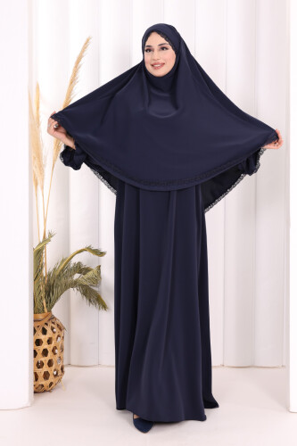 Dantel Detay Sufleli Elbise 6061 Lacivert - 2