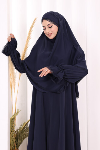 Dantel Detay Sufleli Elbise 6061 Lacivert - 5