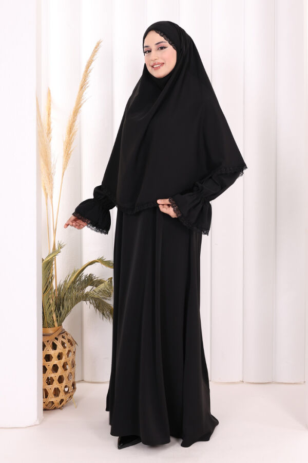 Dantel Detay Sufleli Elbise 6061 Siyah - 3