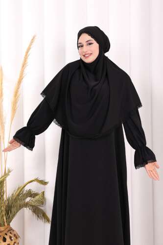 Dantel Detay Sufleli Elbise 6061 Siyah - 5