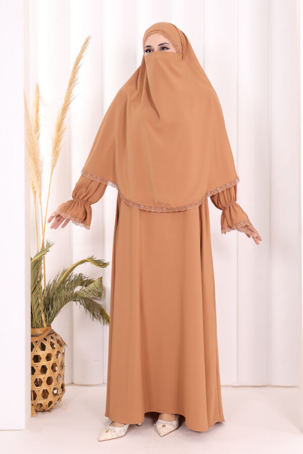 Dantel Detay Sufleli Elbise 6061 Taba - 1