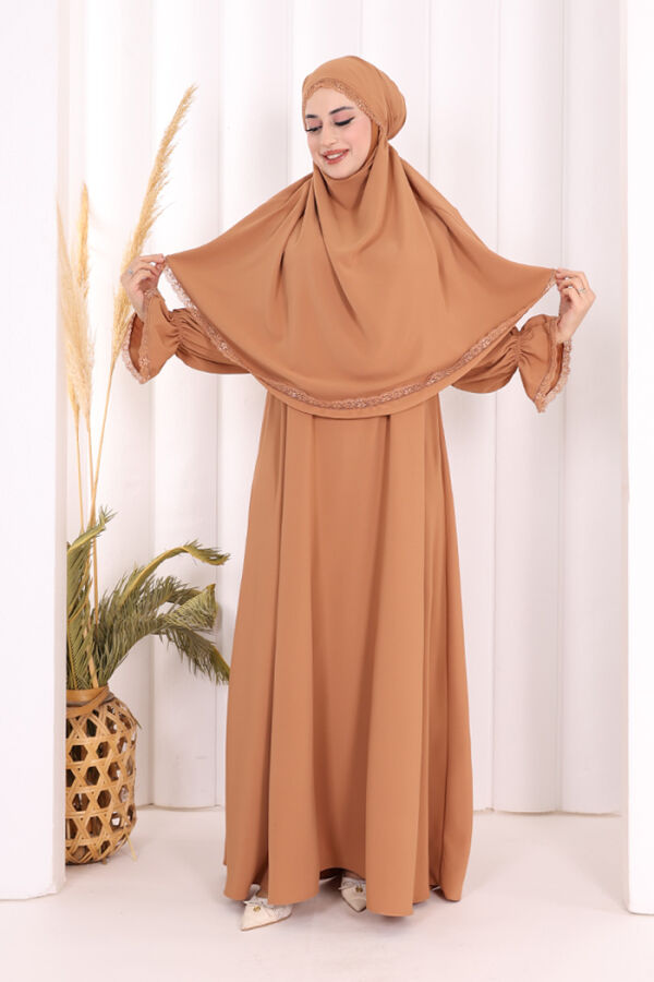 Dantel Detay Sufleli Elbise 6061 Taba - 2