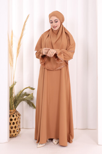 Dantel Detay Sufleli Elbise 6061 Taba - 3