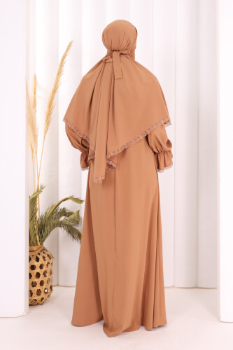 Dantel Detay Sufleli Elbise 6061 Taba - 4