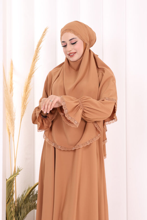 Dantel Detay Sufleli Elbise 6061 Taba - 5