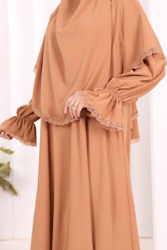 Dantel Detay Sufleli Elbise 6061 Taba - 6