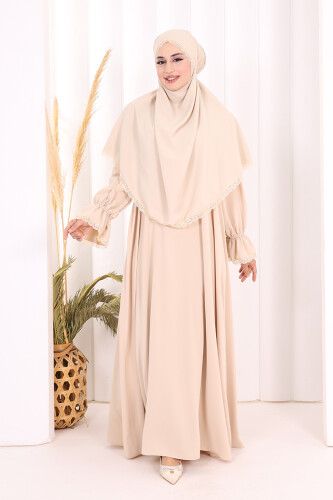 Dantel Detay Sufleli Elbise 6061 Taş - 2