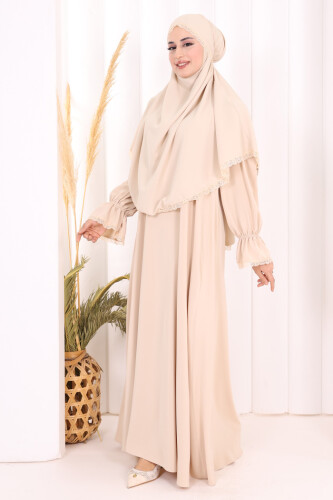 Dantel Detay Sufleli Elbise 6061 Taş - 3