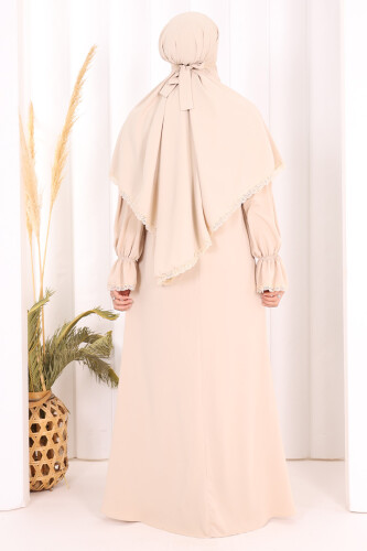 Dantel Detay Sufleli Elbise 6061 Taş - 4