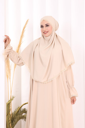 Dantel Detay Sufleli Elbise 6061 Taş - 5