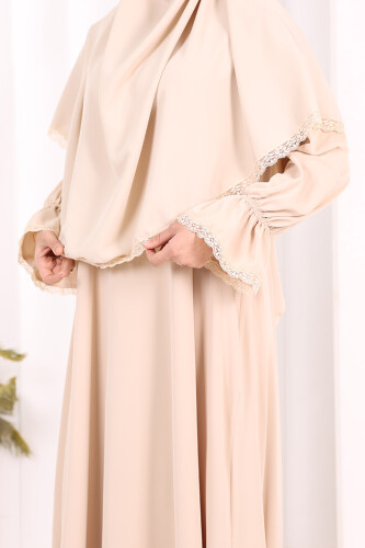 Dantel Detay Sufleli Elbise 6061 Taş - 6