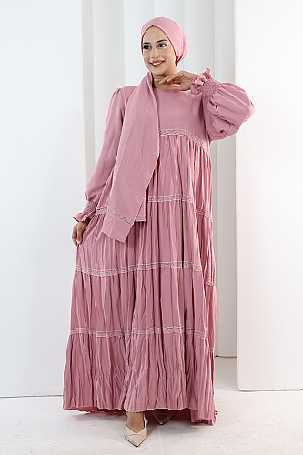 Dantel Detaylı Elbise 6087 Pembe