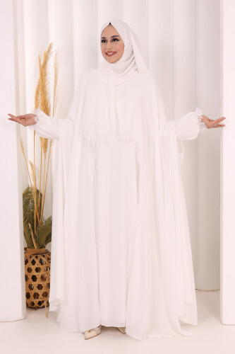 Dantel Detaylı Elbise Abaya Takım ŞAL HEDİYELİ! 6070 Ekru