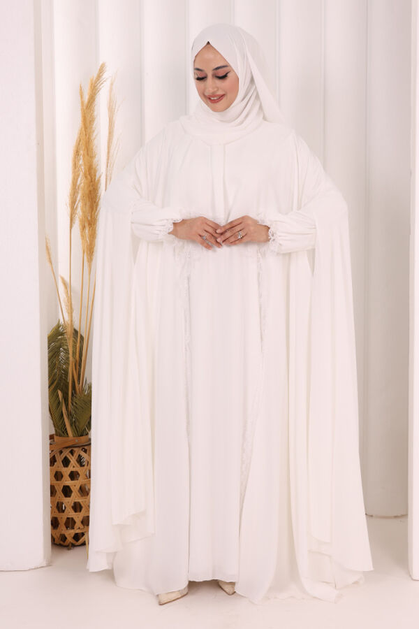 Dantel Detaylı Elbise Abaya Takım ŞAL HEDİYELİ! 6070 Ekru - 2