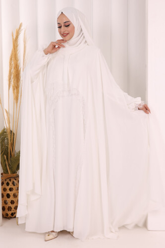 Dantel Detaylı Elbise Abaya Takım ŞAL HEDİYELİ! 6070 Ekru - 3