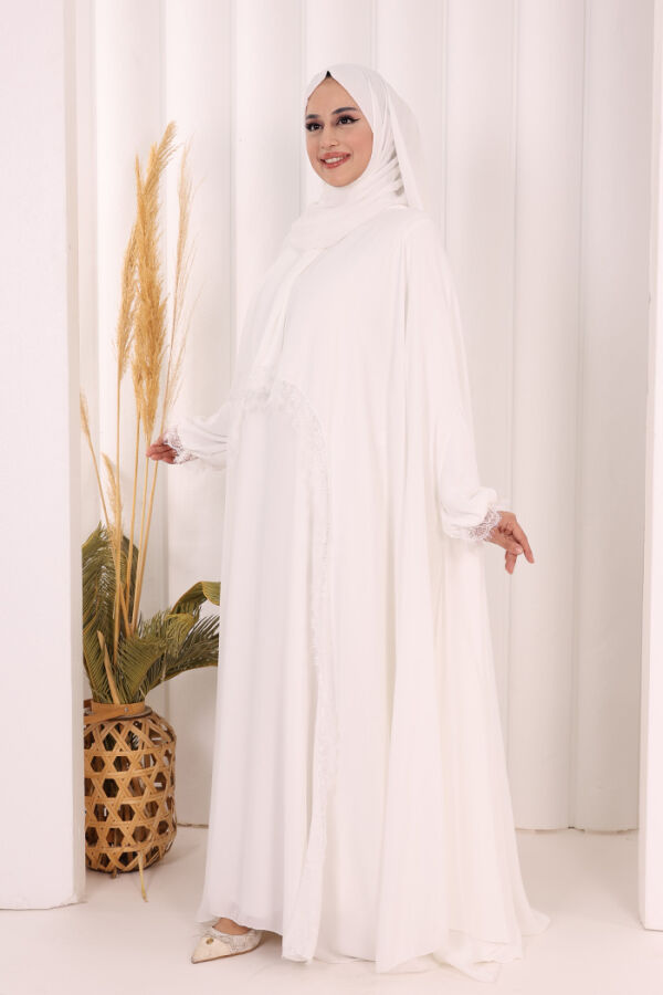 Dantel Detaylı Elbise Abaya Takım ŞAL HEDİYELİ! 6070 Ekru - 4
