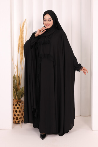 Dantel Detaylı Elbise Abaya Takım ŞAL HEDİYELİ! 6070 Siyah