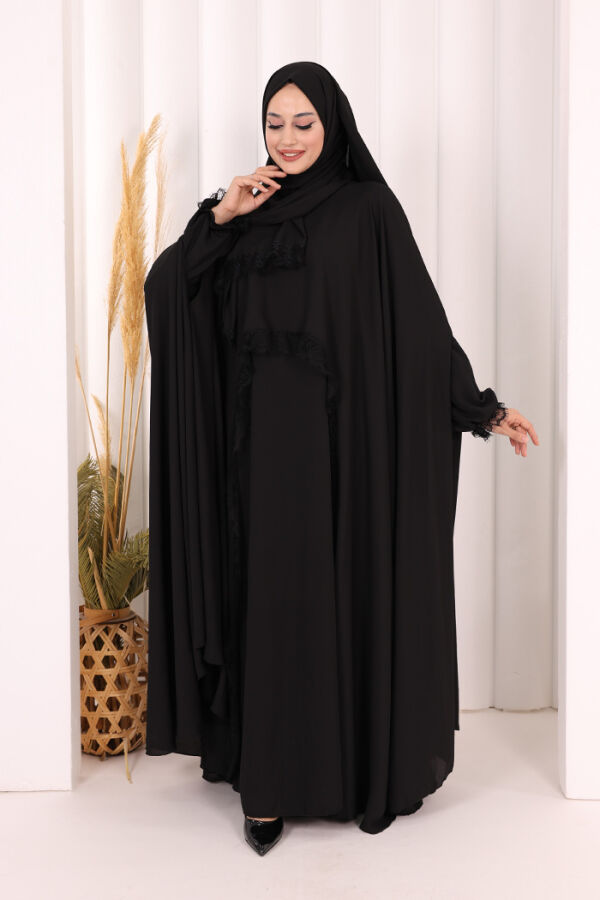 Dantel Detaylı Elbise Abaya Takım ŞAL HEDİYELİ! 6070 Siyah - 1