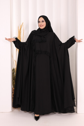 Dantel Detaylı Elbise Abaya Takım ŞAL HEDİYELİ! 6070 Siyah - 2