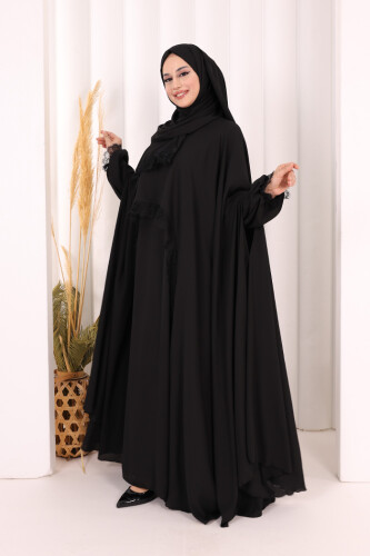 Dantel Detaylı Elbise Abaya Takım ŞAL HEDİYELİ! 6070 Siyah - 3