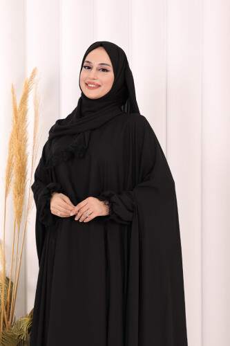 Dantel Detaylı Elbise Abaya Takım ŞAL HEDİYELİ! 6070 Siyah - 5