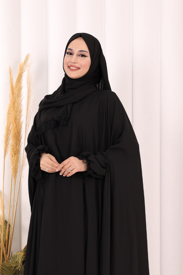Dantel Detaylı Elbise Abaya Takım ŞAL HEDİYELİ! 6070 Siyah - 5
