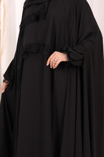 Dantel Detaylı Elbise Abaya Takım ŞAL HEDİYELİ! 6070 Siyah - 6