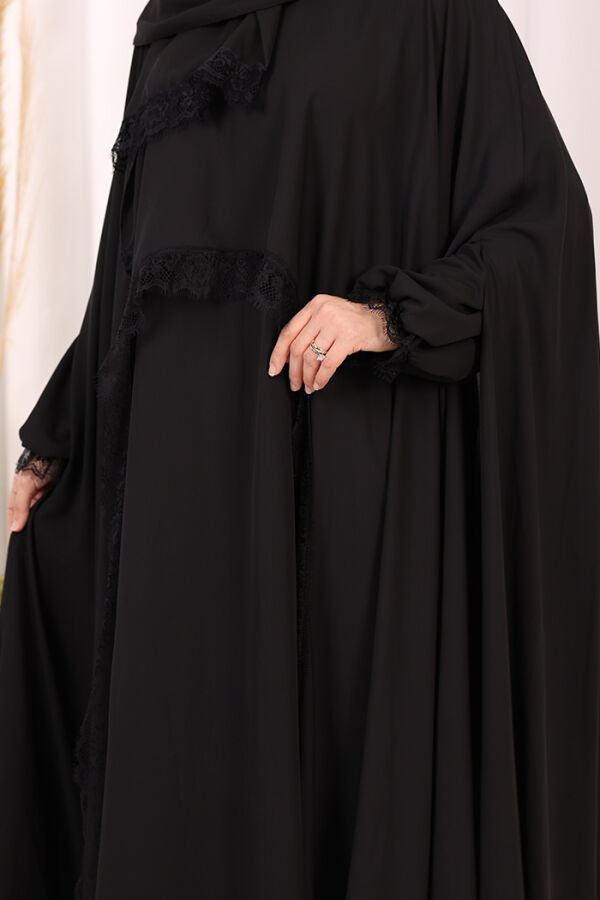 Dantel Detaylı Elbise Abaya Takım ŞAL HEDİYELİ! 6070 Siyah - 6