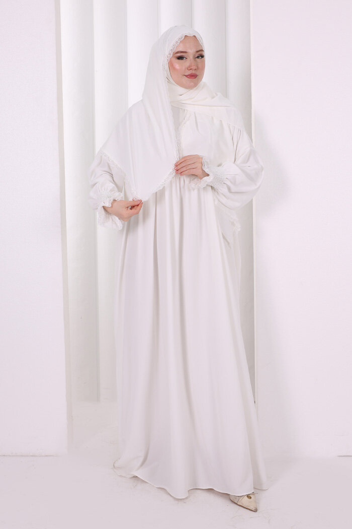 Dantel Detaylı Namaz Elbise 6095 Ekru - 2