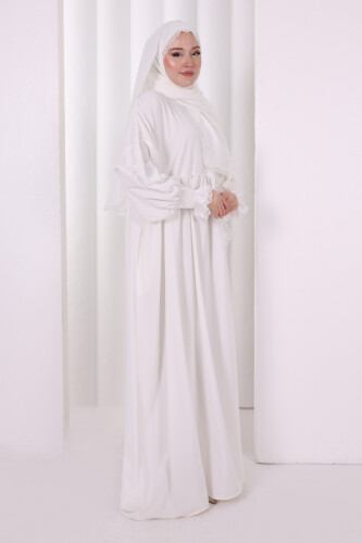 Dantel Detaylı Namaz Elbise 6095 Ekru - 3