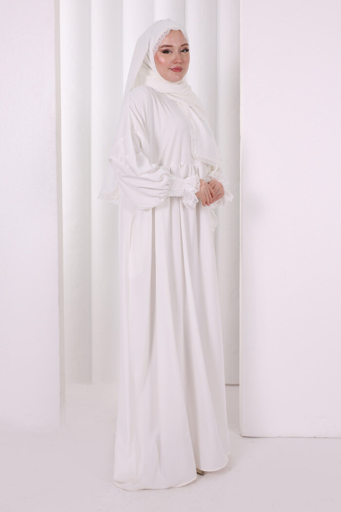 Dantel Detaylı Namaz Elbise 6095 Ekru - 3