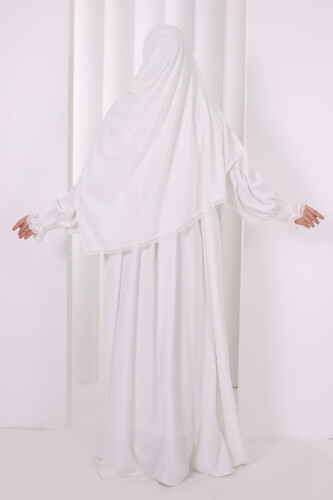 Dantel Detaylı Namaz Elbise 6095 Ekru - 4