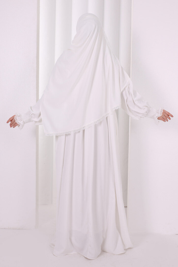 Dantel Detaylı Namaz Elbise 6095 Ekru - 4