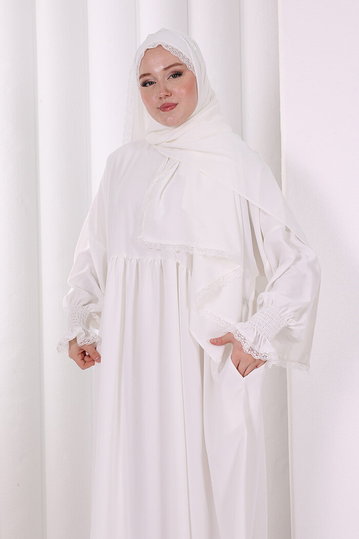 Dantel Detaylı Namaz Elbise 6095 Ekru - 5